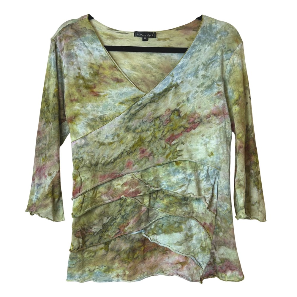 Dunia Earthy Fairycore Mesh Ruffle Top Watercolor Flare Whimsigoth Y2K V-Neck M
